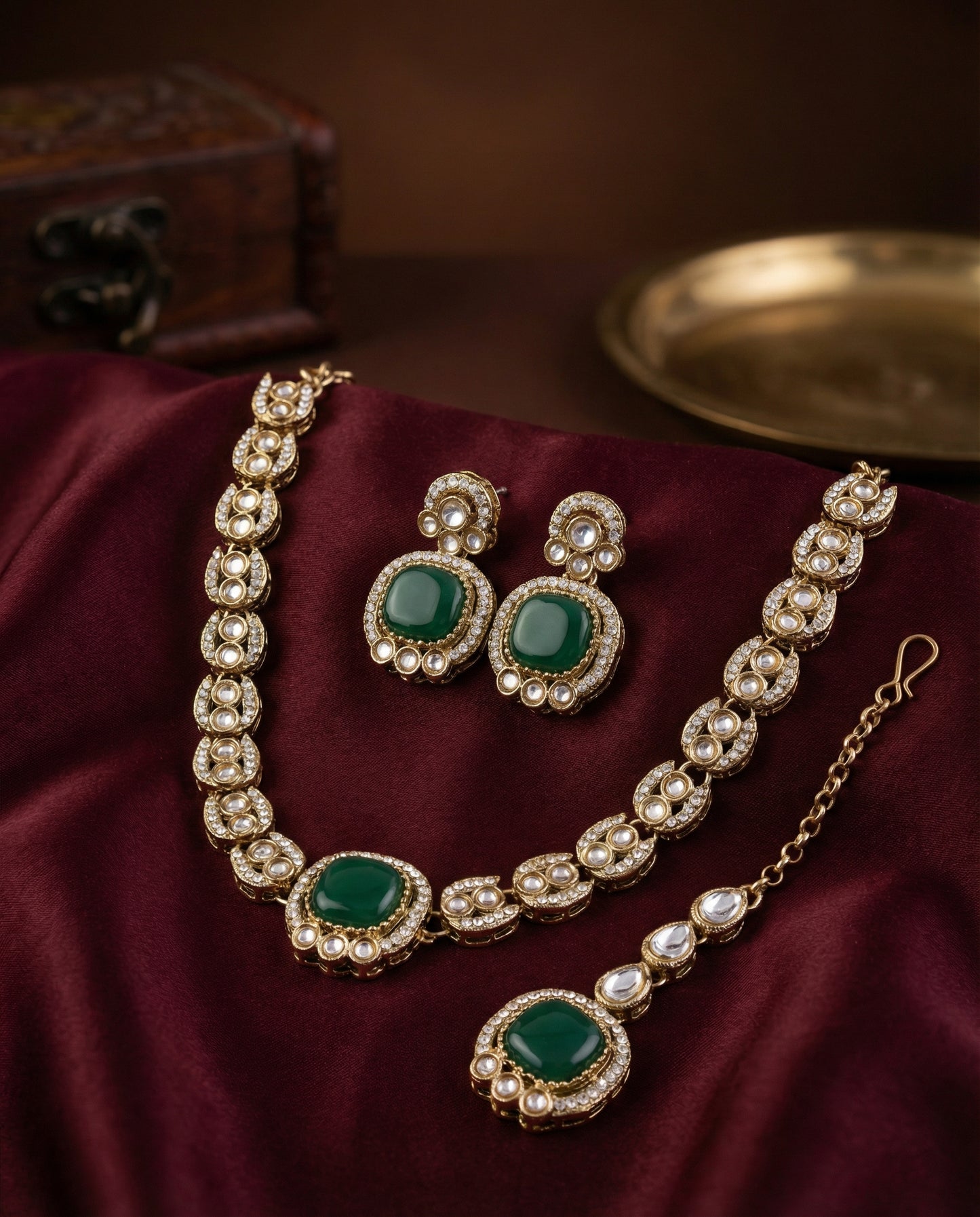 Emerald Manvika Designer Monalisa and Zircone Necklace Set with Earring & Teeka