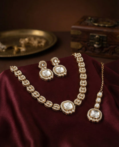Silver Manvika Designer Monalisa and Zircone Necklace Set with Earring & Teeka