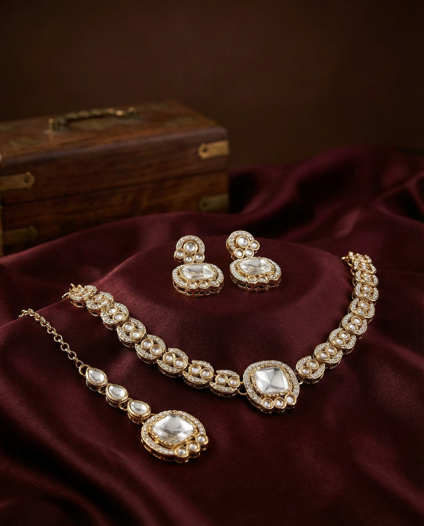 Silver Manvika Designer Monalisa and Zircone Necklace Set with Earring & Teeka