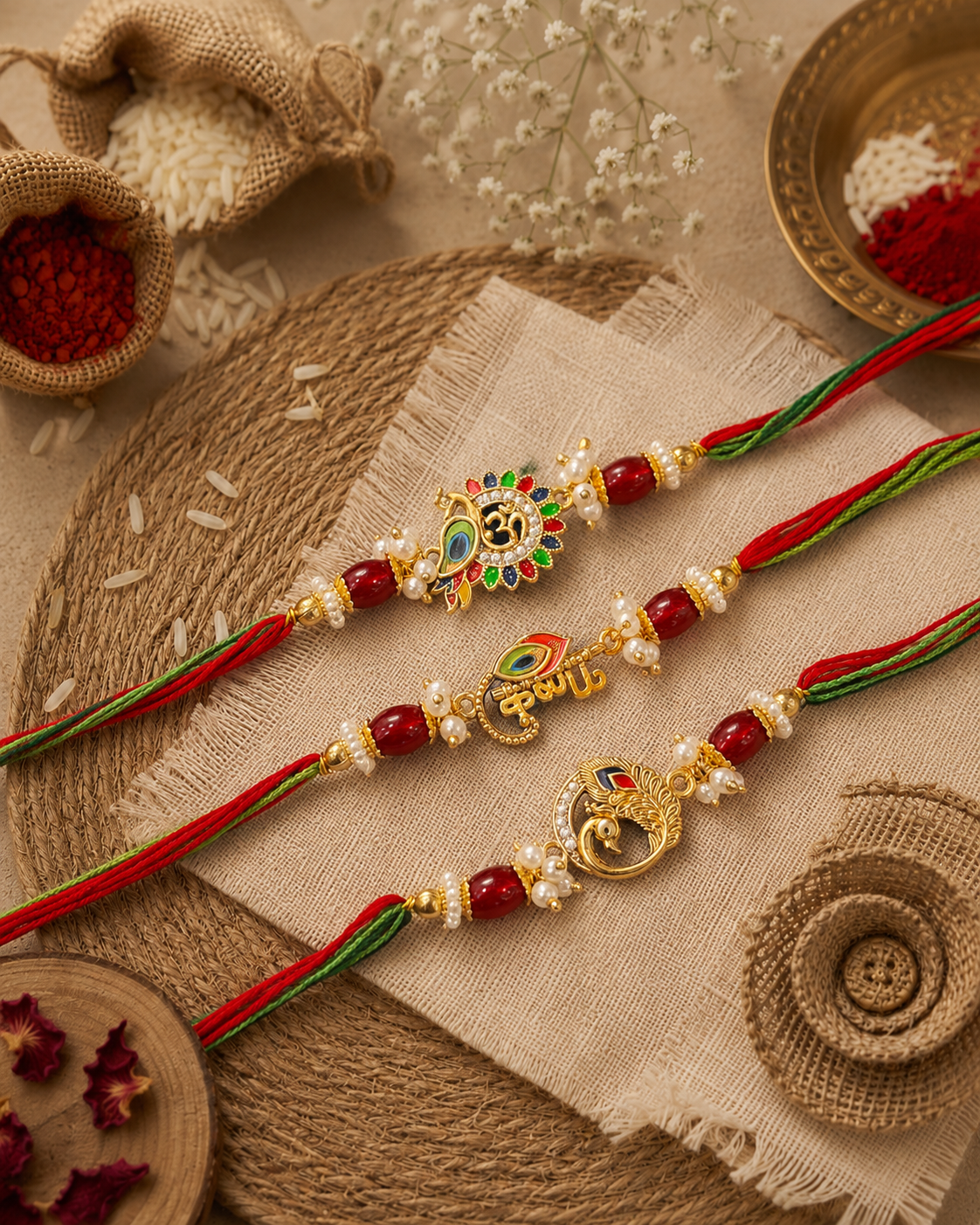 Pack of 3 Keshav Mohan Krishna Rakhi Set | Tilak Set Included