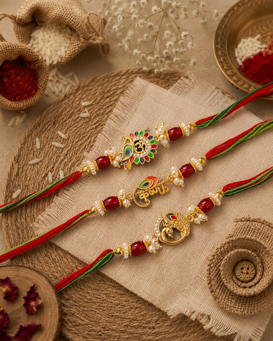 Pack of 3 Keshav Mohan Krishna Rakhi Set | Tilak Set Included