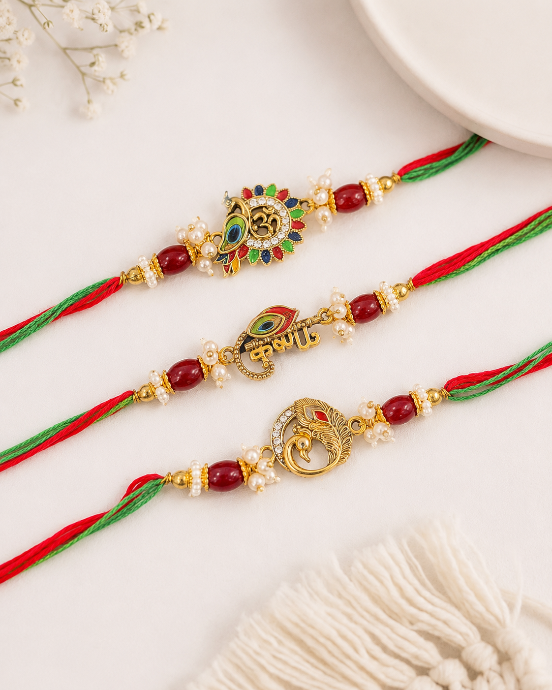 Pack of 3 Keshav Mohan Krishna Rakhi Set | Tilak Set Included