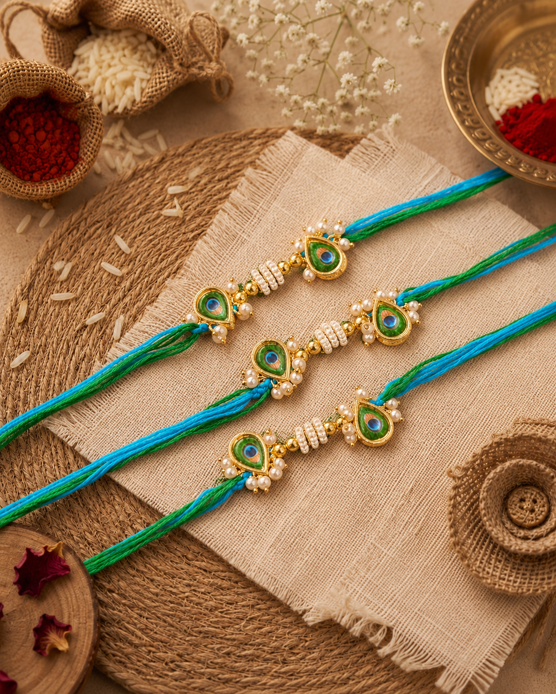Set of 3 Mayur Rakhi For Brother | Tilak Set Included