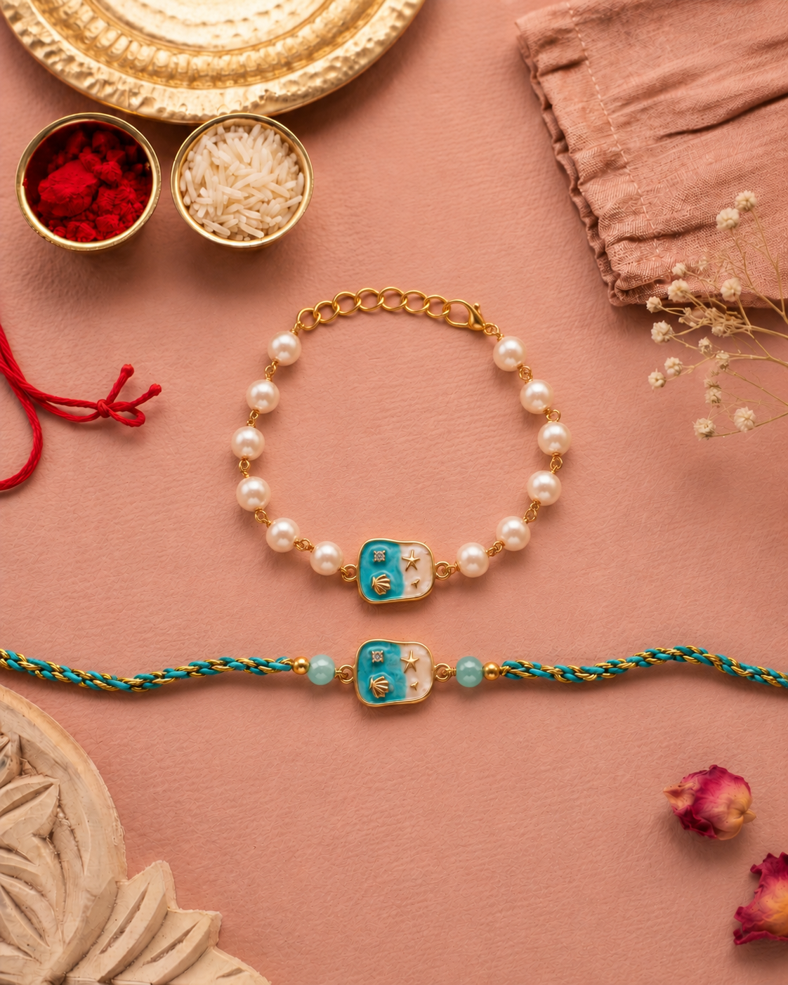 Tiana Pearl Bhaiya Bhabhi Rakhi Bracelet Set | Tilak Set Included
