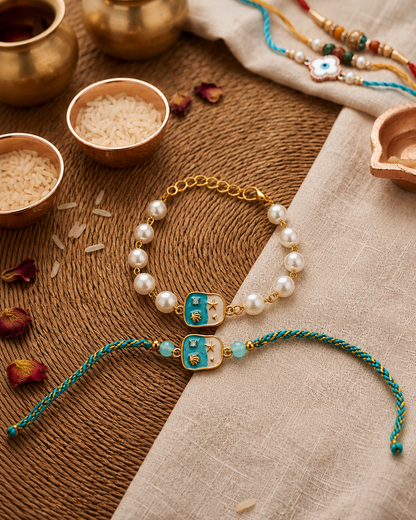 Tiana Pearl Bhaiya Bhabhi Rakhi Bracelet Set | Tilak Set Included