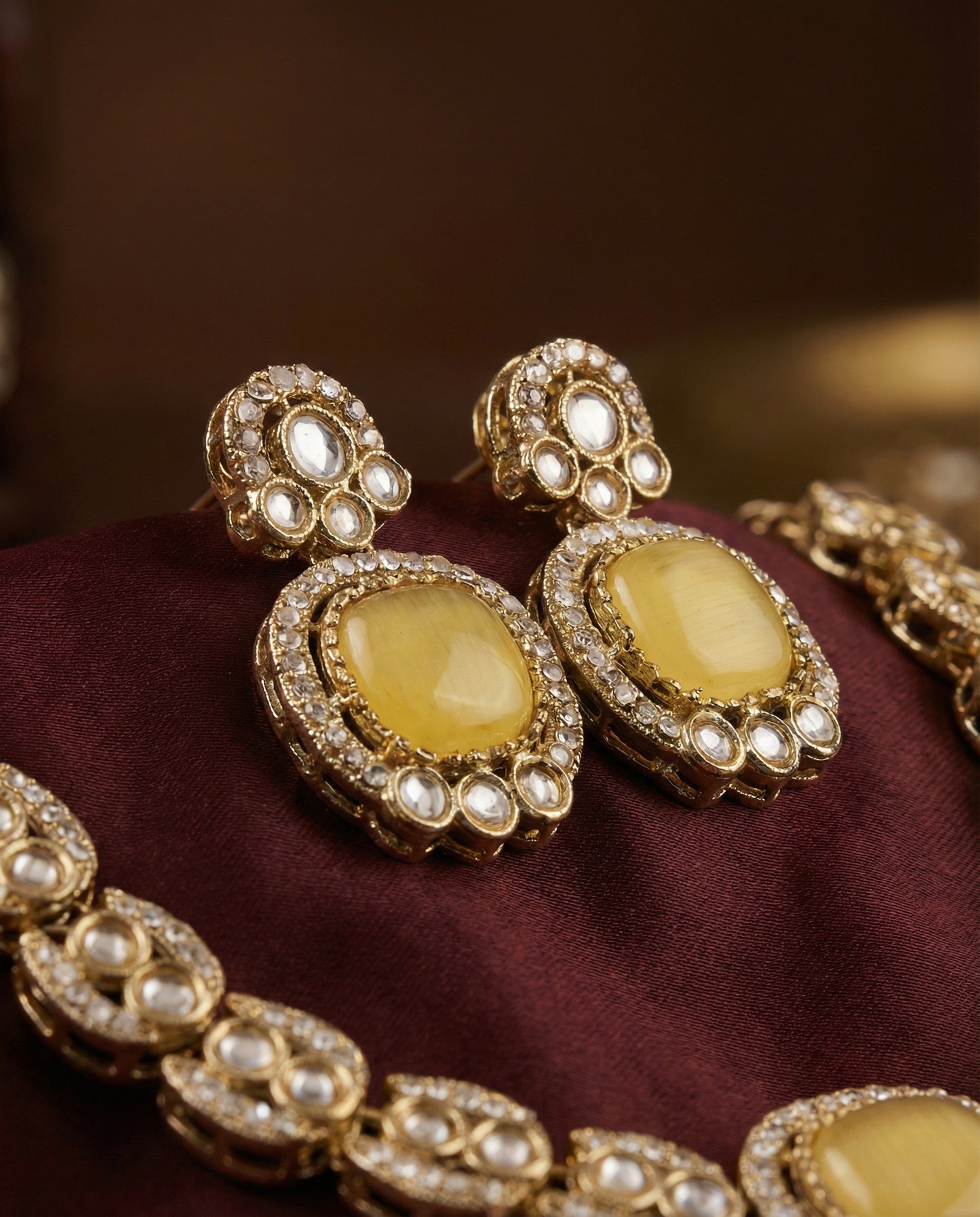 Yellow Manvika Designer Monalisa and Zircone Necklace Set with Earring & Teeka