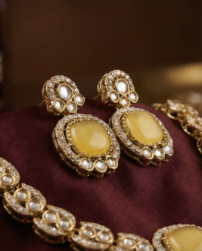 Yellow Manvika Designer Monalisa and Zircone Necklace Set with Earring & Teeka