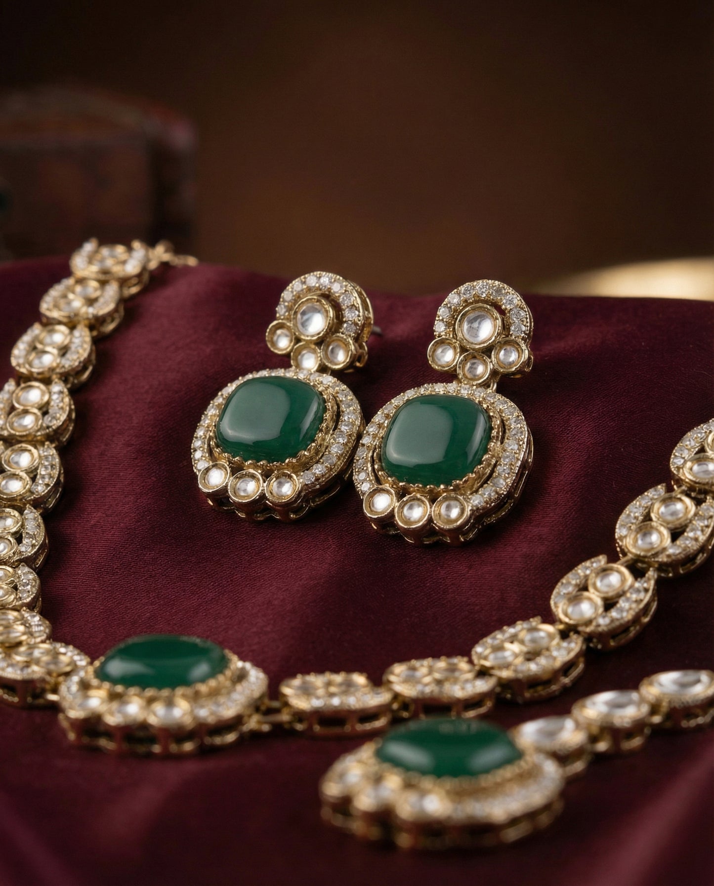 Emerald Manvika Designer Monalisa and Zircone Necklace Set with Earring & Teeka