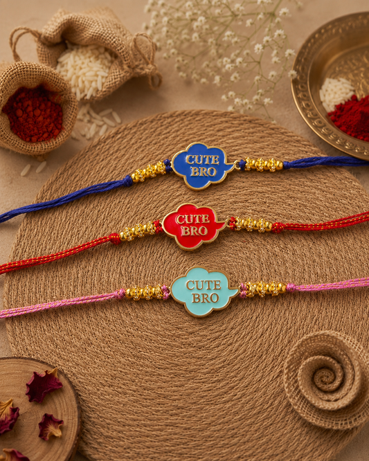 Pack of 3 Cute Bro Rakhi for Brother - Blue Red Turquoise | Tilak Set Included