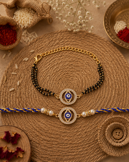 Anvika Evil Eye Bhaiya Bhabhi Rakhi Mangalsutra Set | Tilak Set Included