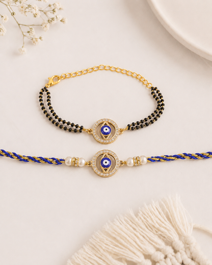 Anvika Evil Eye Bhaiya Bhabhi Rakhi Mangalsutra Set | Tilak Set Included