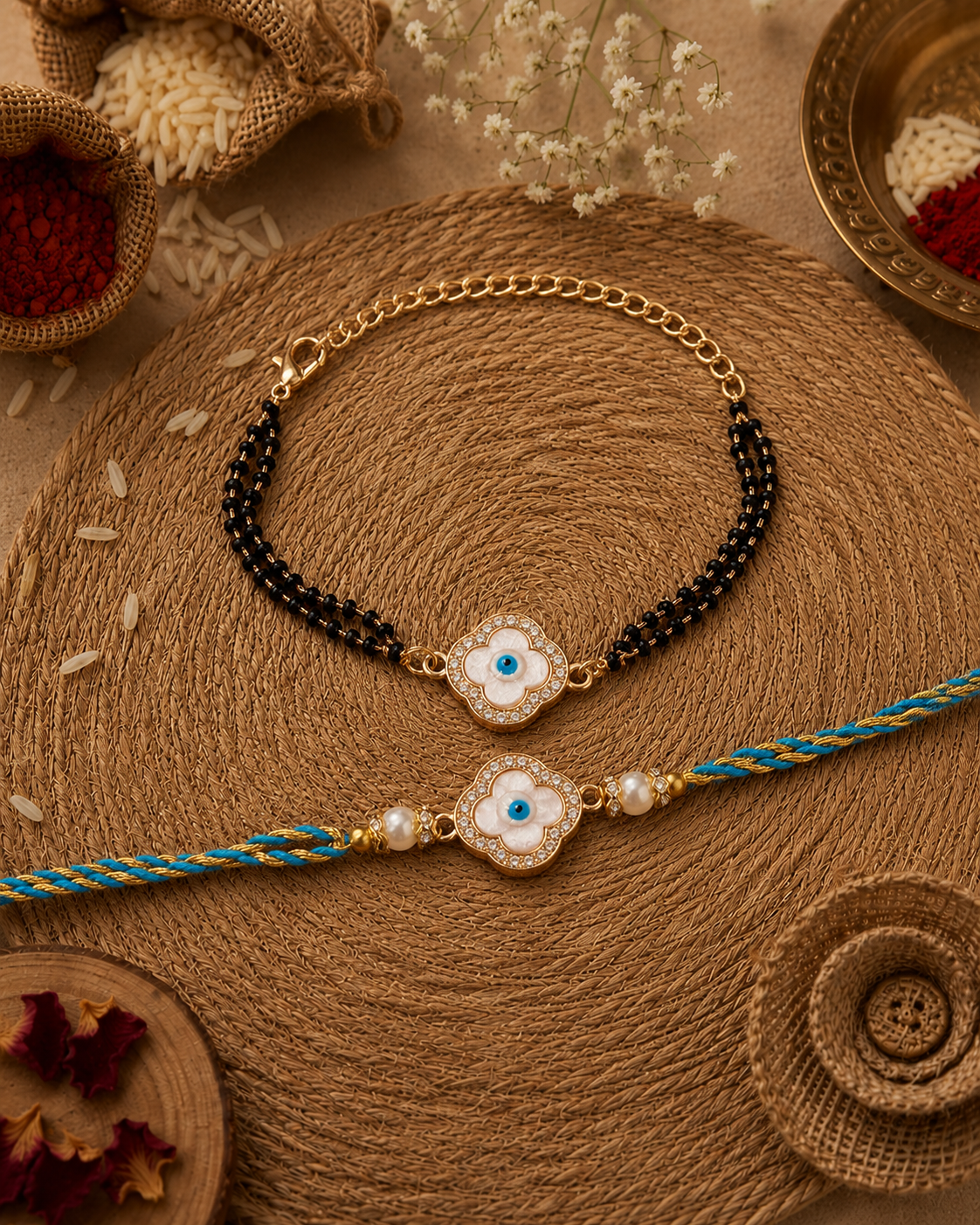 Vamya Evil Eye Bhaiya Bhabhi Rakhi Mangalsutra Set | Tilak Set Included