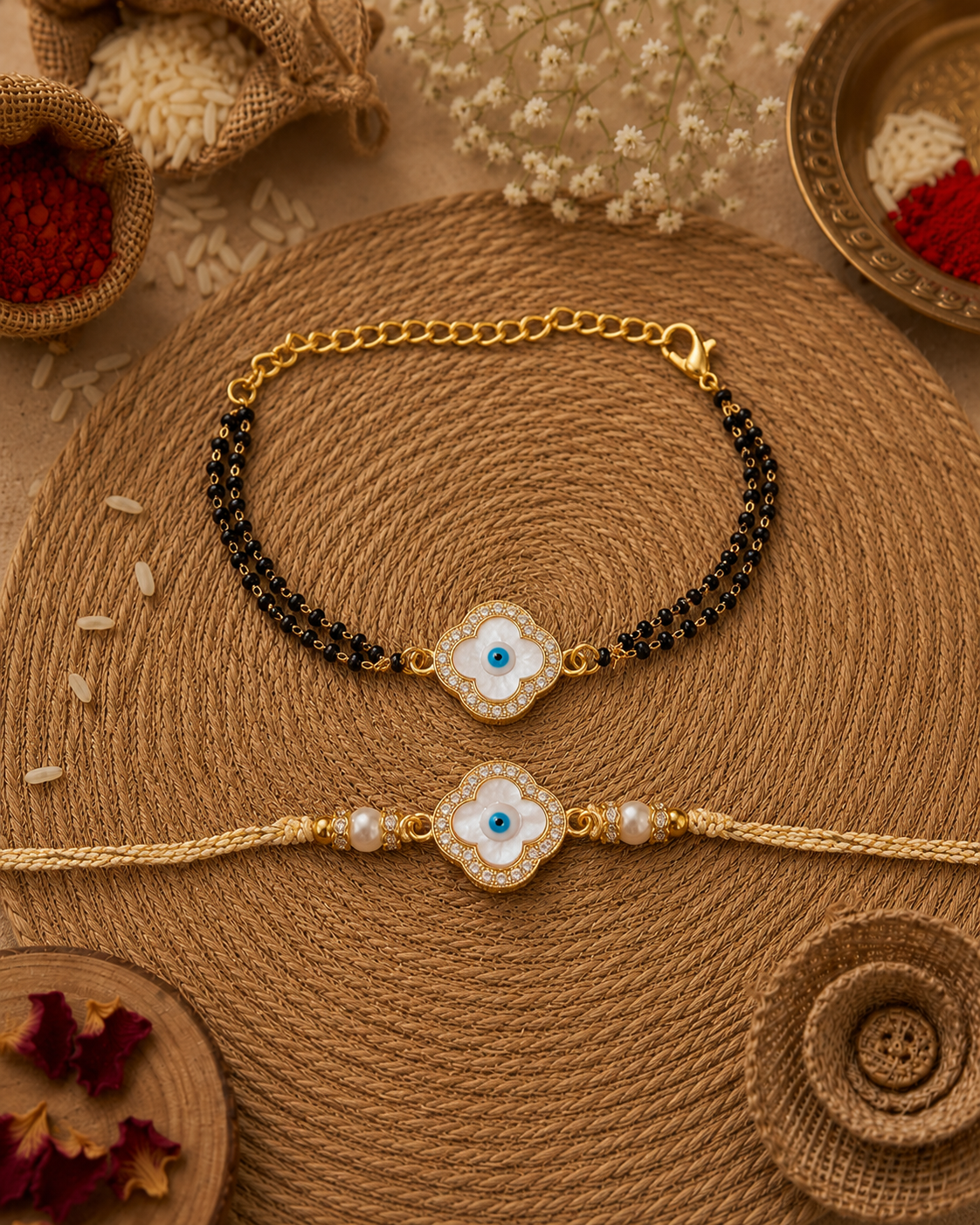 Aarna Evil Eye Bhaiya Bhabhi Rakhi Mangalsutra Set | Tilak Set Included