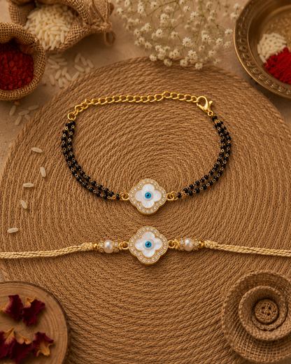 Aarna Evil Eye Bhaiya Bhabhi Rakhi Mangalsutra Set | Tilak Set Included