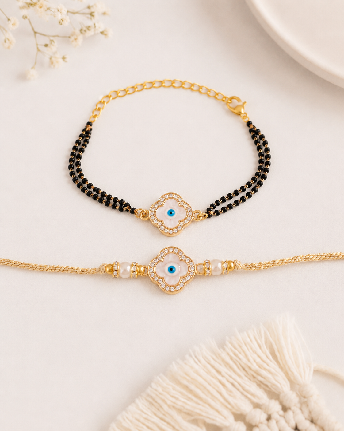 Aarna Evil Eye Bhaiya Bhabhi Rakhi Mangalsutra Set | Tilak Set Included
