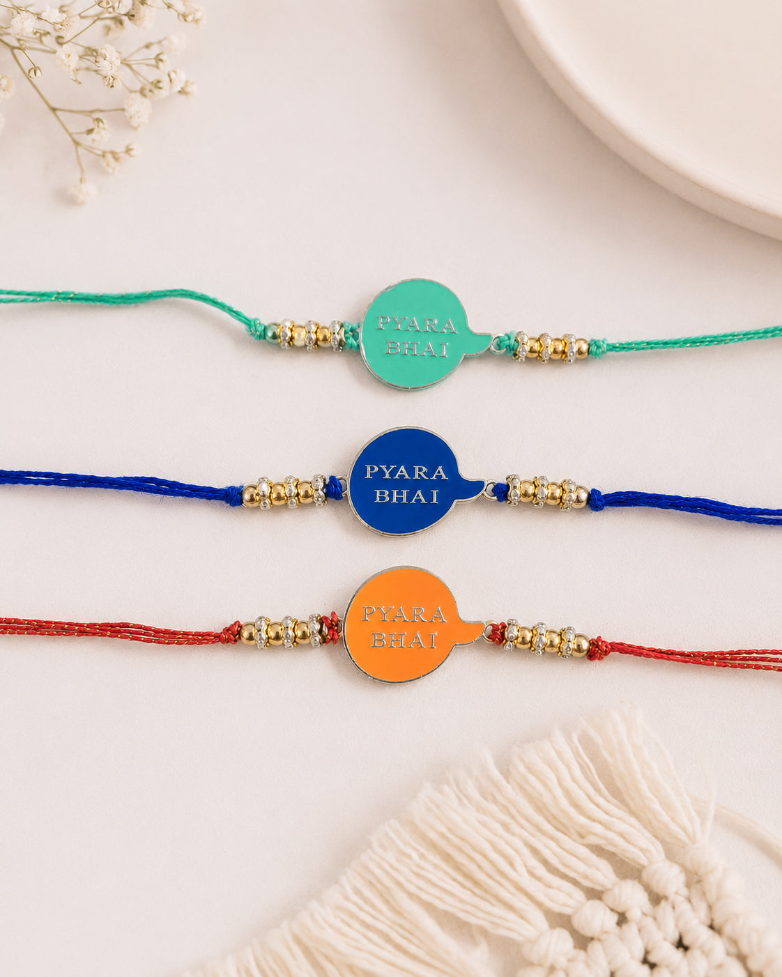 Pack of 3 Pyara Bhai Rakhi for Brother - Blue Orange Teal | Tilak Set Included