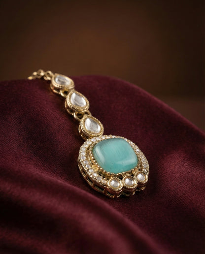 Mint Green Manvika Designer Monalisa and Zircone Necklace Set with Earring & Teeka