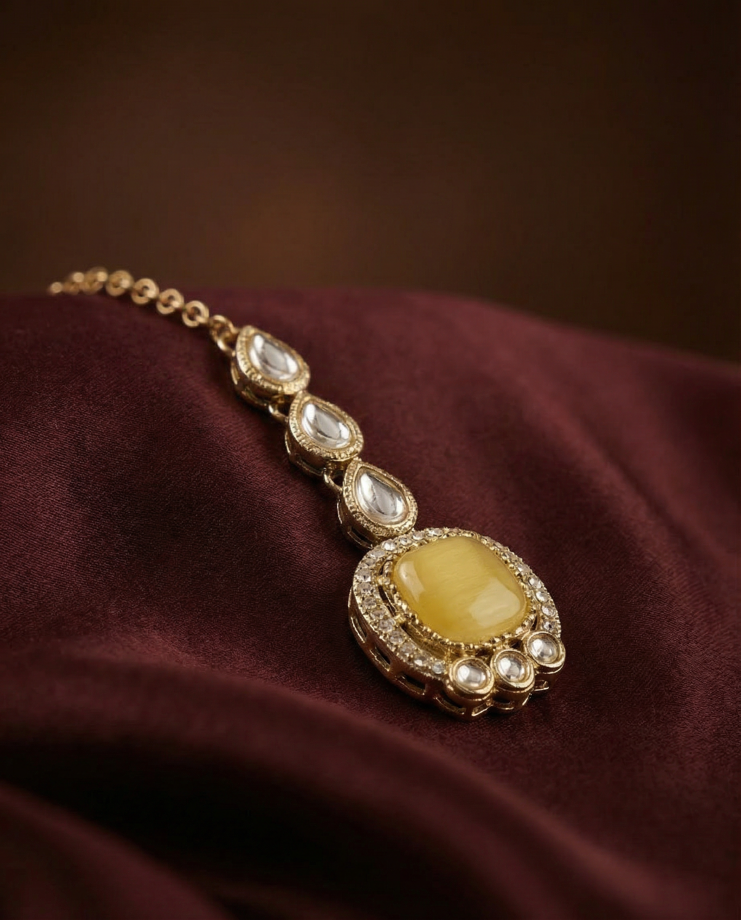 Yellow Manvika Designer Monalisa and Zircone Necklace Set with Earring & Teeka