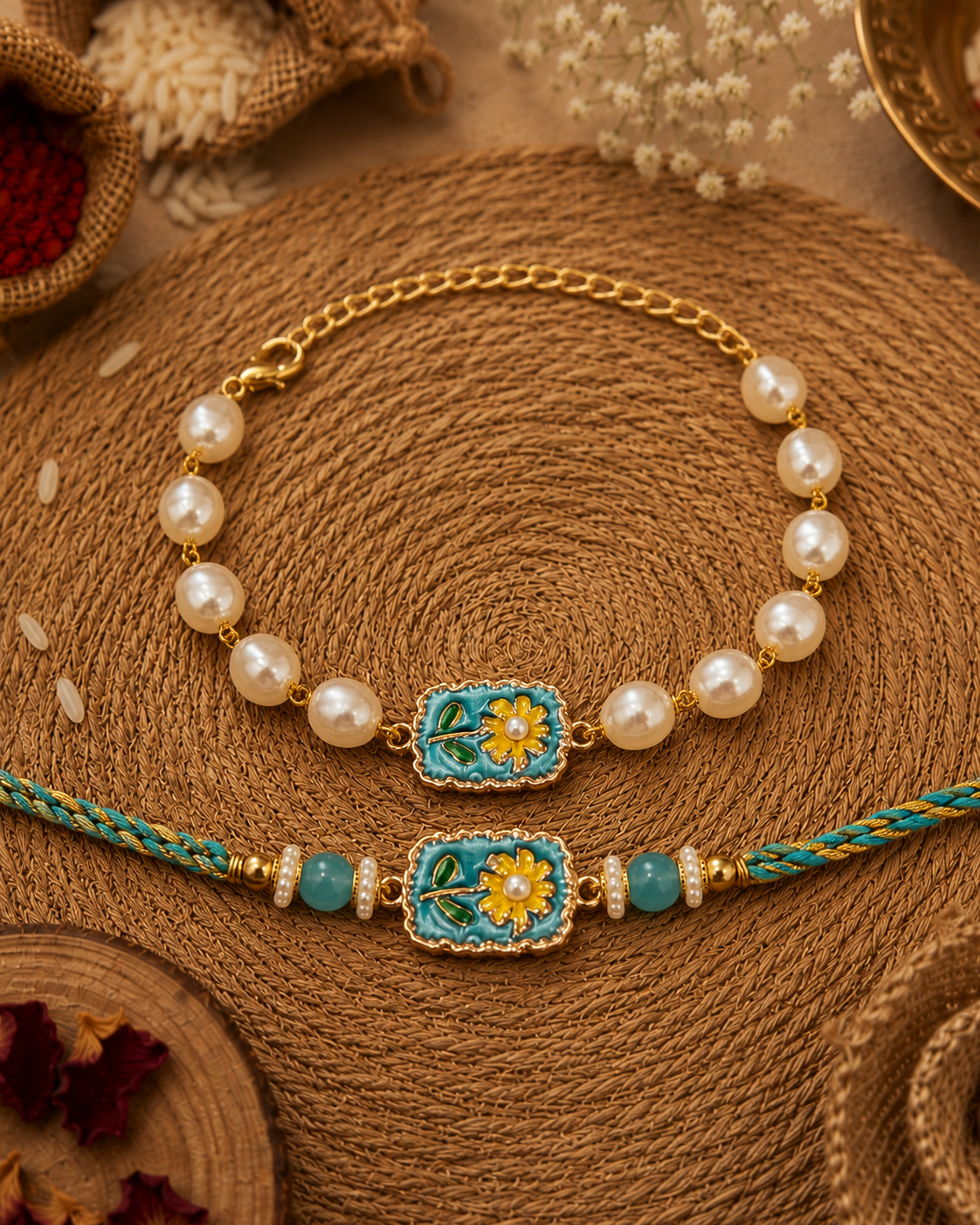 Helia Pearl Bhaiya Bhabhi Rakhi Bracelet Set | Tilak Set Included
