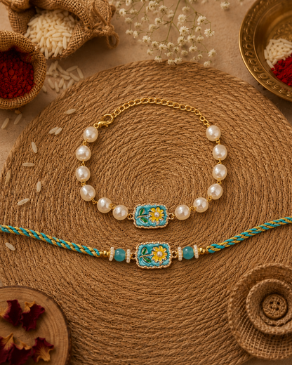 Helia Pearl Bhaiya Bhabhi Rakhi Bracelet Set | Tilak Set Included