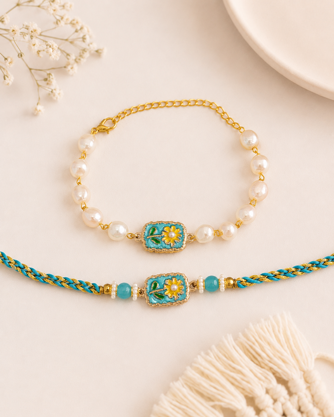 Helia Pearl Bhaiya Bhabhi Rakhi Bracelet Set | Tilak Set Included