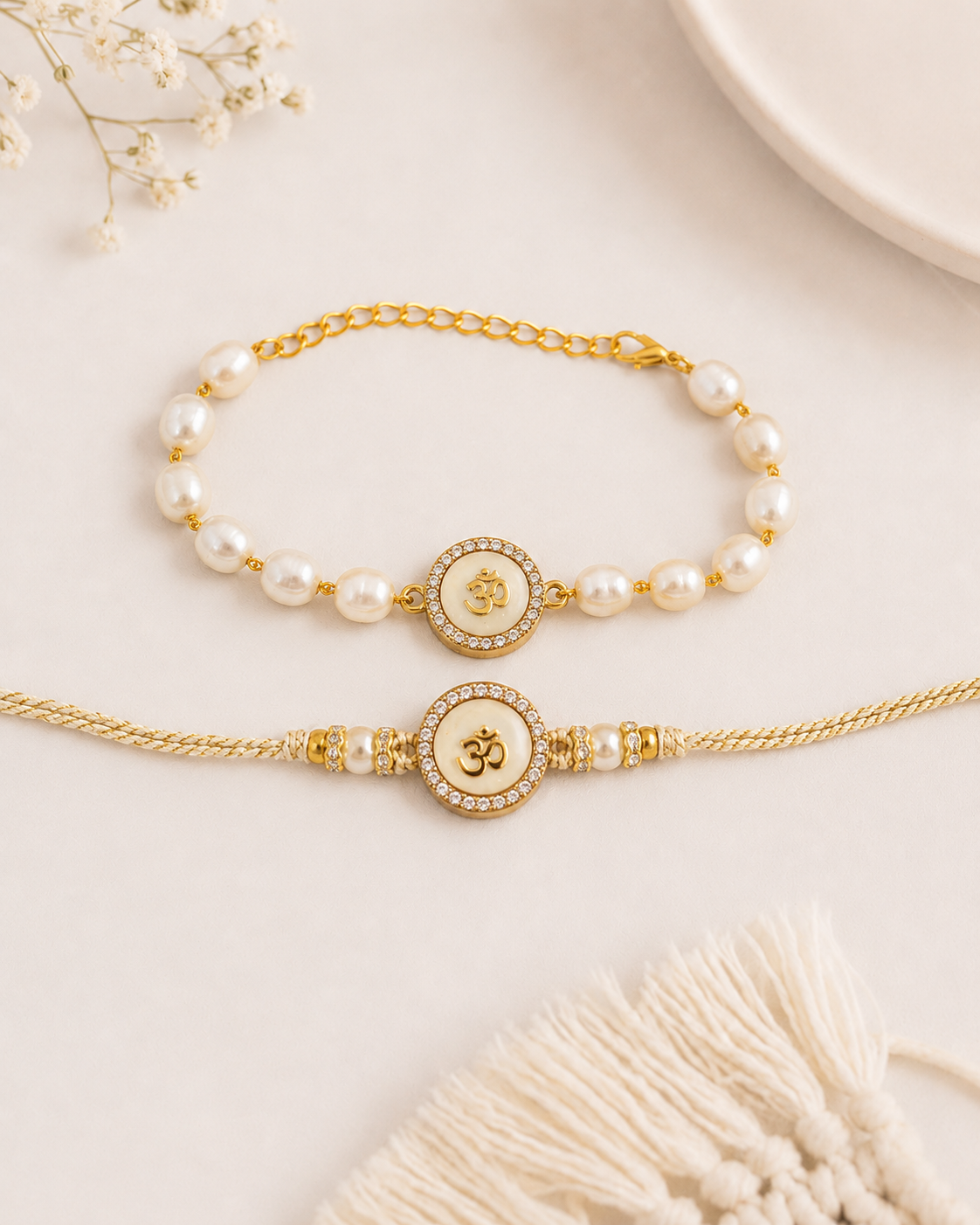 Omaya Pearl Bhaiya Bhabhi Rakhi Bracelet Set | Tilak Set Included
