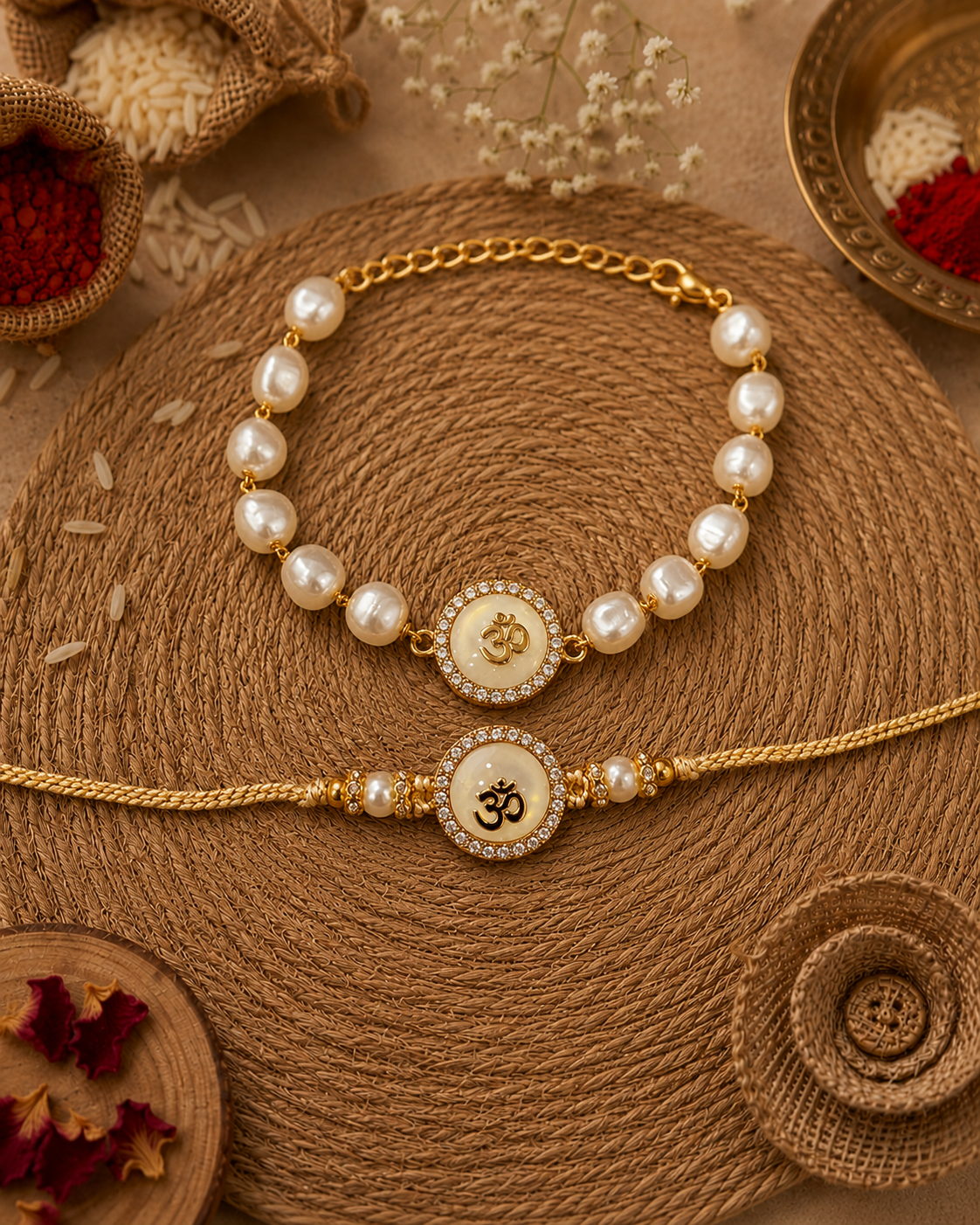 Omaya Pearl Bhaiya Bhabhi Rakhi Bracelet Set | Tilak Set Included
