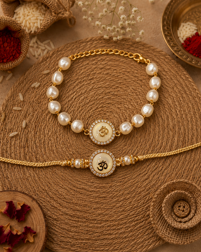 Omaya Pearl Bhaiya Bhabhi Rakhi Bracelet Set | Tilak Set Included