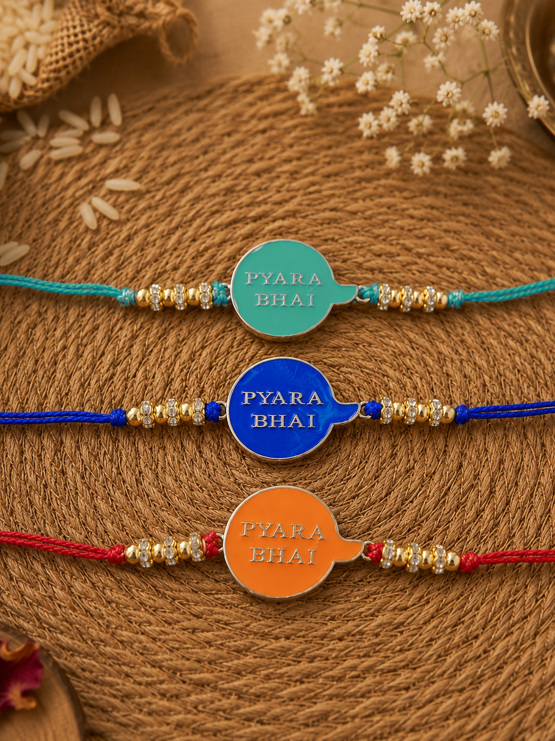 Pack of 3 Pyara Bhai Rakhi for Brother - Blue Orange Teal | Tilak Set Included