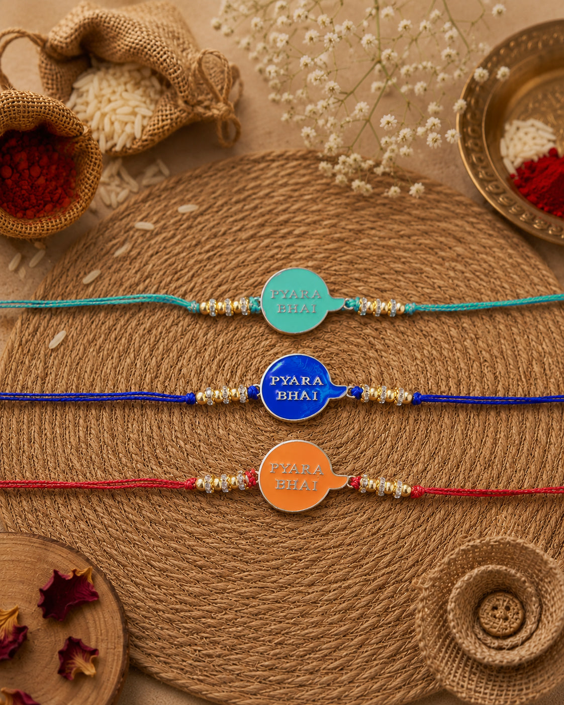 Pack of 3 Pyara Bhai Rakhi for Brother - Blue Orange Teal | Tilak Set Included