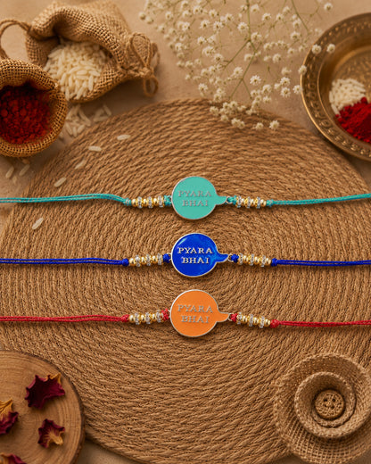 Pack of 3 Pyara Bhai Rakhi for Brother - Blue Orange Teal | Tilak Set Included