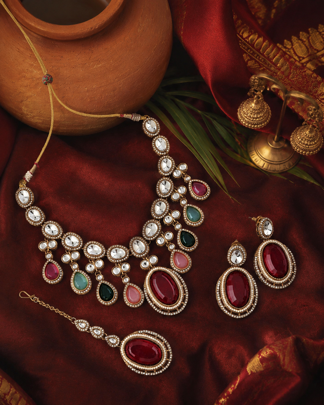 Nirvi Premium Polki Dupe Necklace with Earring and Mangteeka