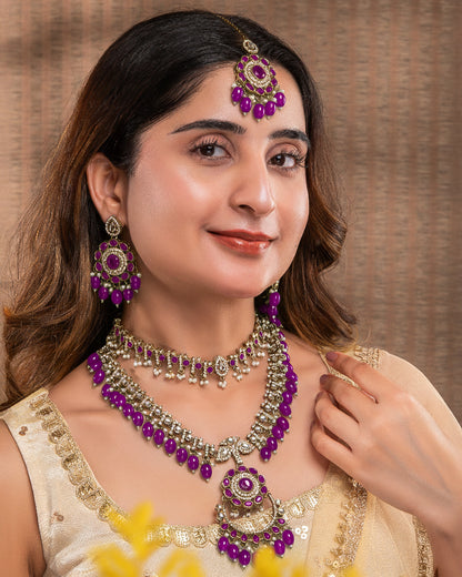 Purple Aanvir Layer Necklace With Earring & Teeka