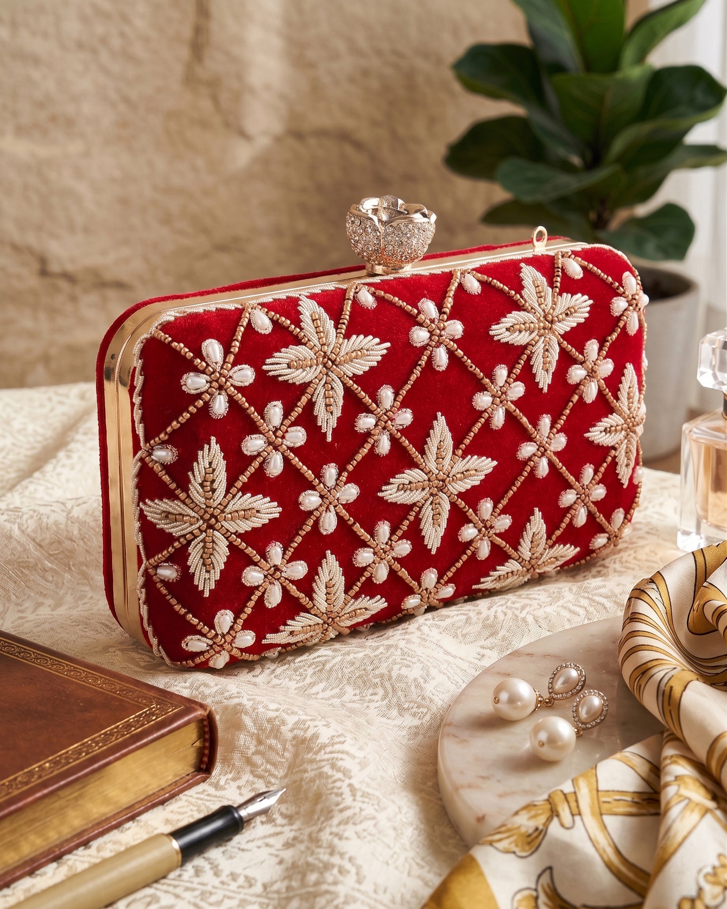 Red Kyron Embroidered Clutch