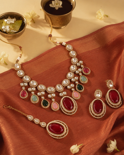 Nirvi Premium Polki Dupe Necklace with Earring and Mangteeka