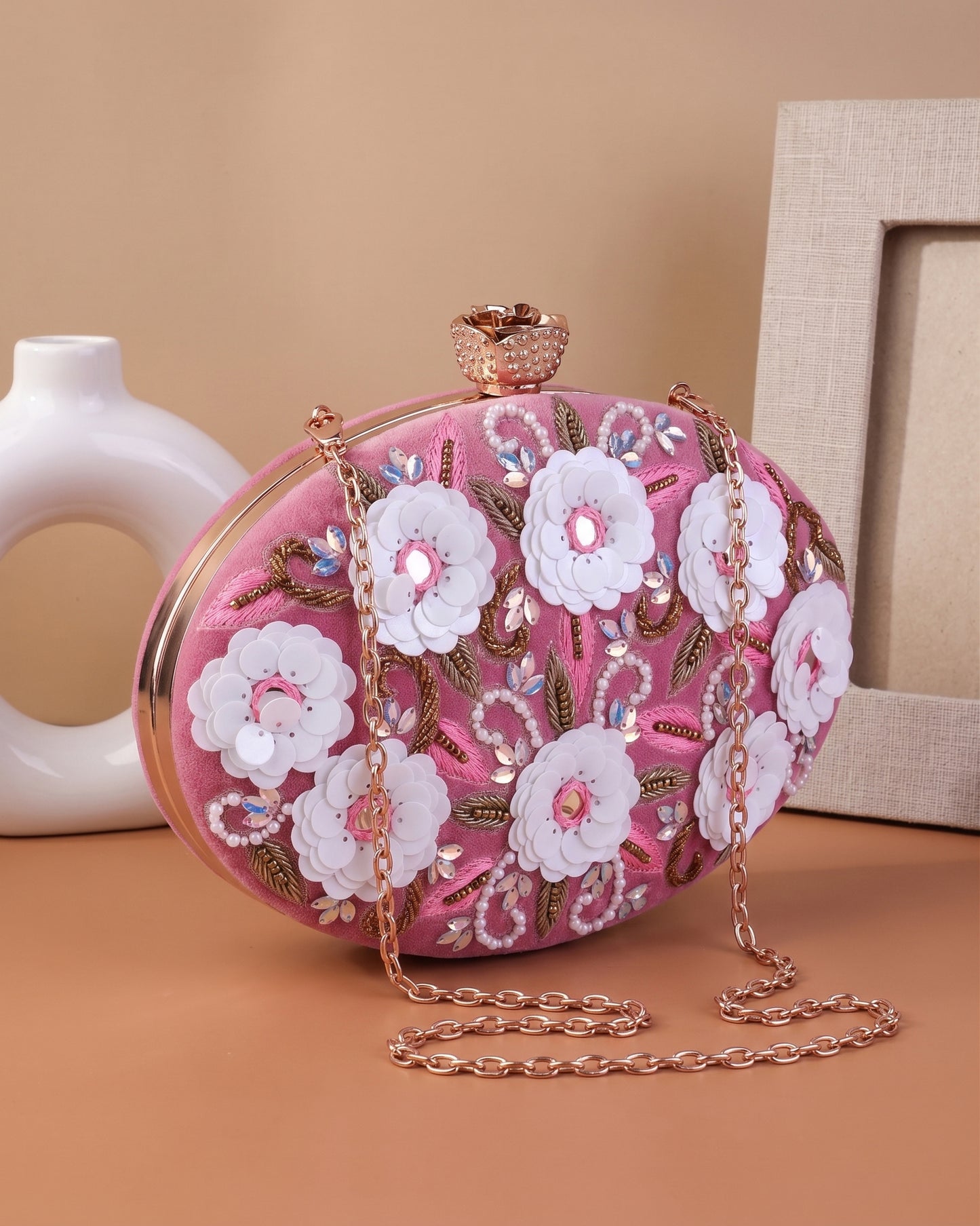 Blush Oval Tanvi Embroidered Clutch
