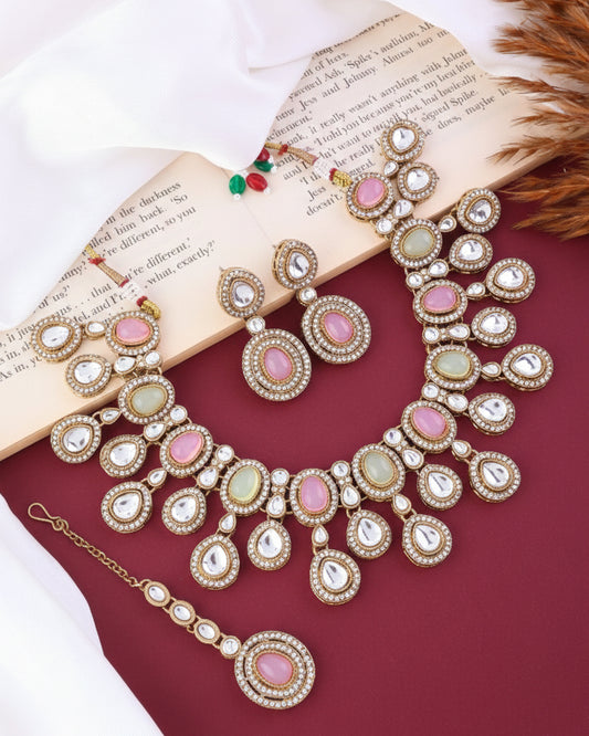 Pastel Sehaj Premium Polki Dupe Necklace with Earring and Teeka