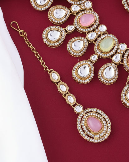 Pastel Sehaj Premium Polki Dupe Necklace with Earring and Teeka
