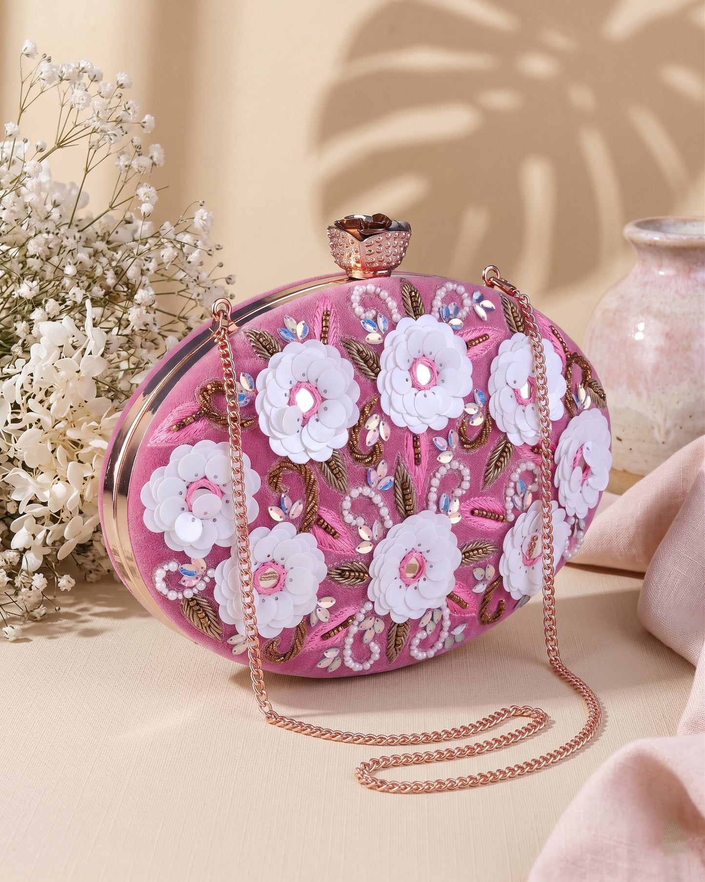 Blush Oval Tanvi Embroidered Clutch