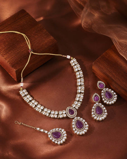 Purple Vyakhya Premium Designer Zircone Polki Dupe Necklace With Earring & Teeka