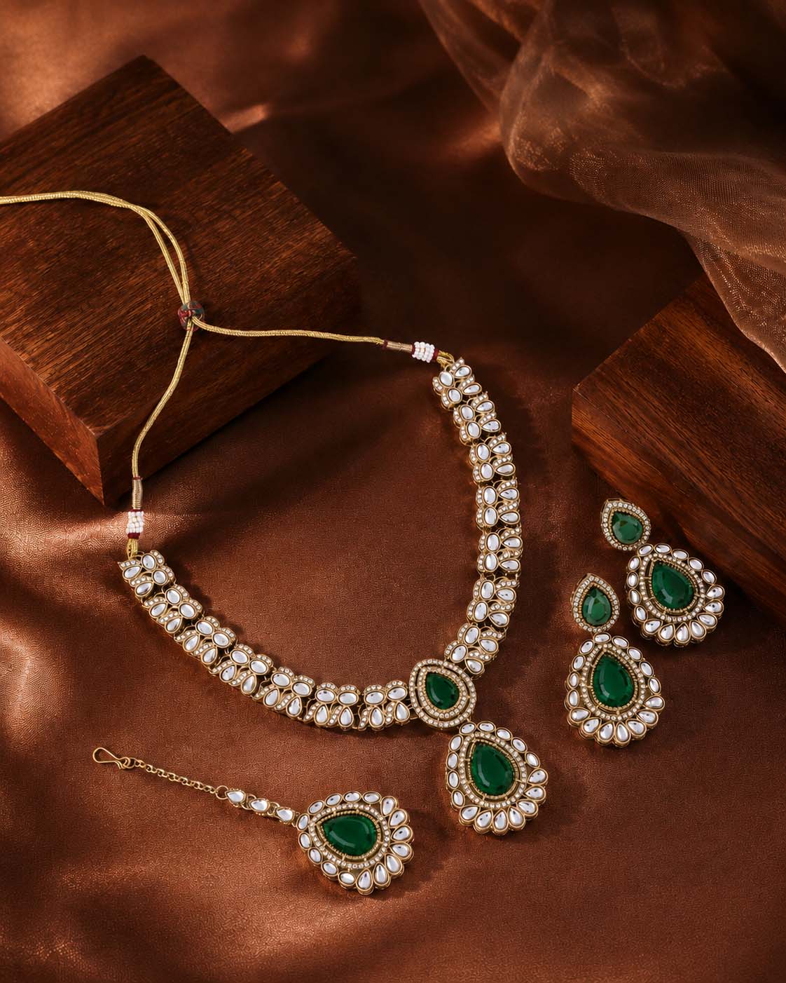 Green Vyakhya Premium Designer Zircone Polki Dupe Necklace With Earring & Teeka