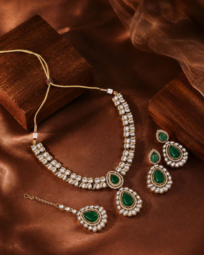 Green Vyakhya Premium Designer Zircone Polki Dupe Necklace With Earring & Teeka