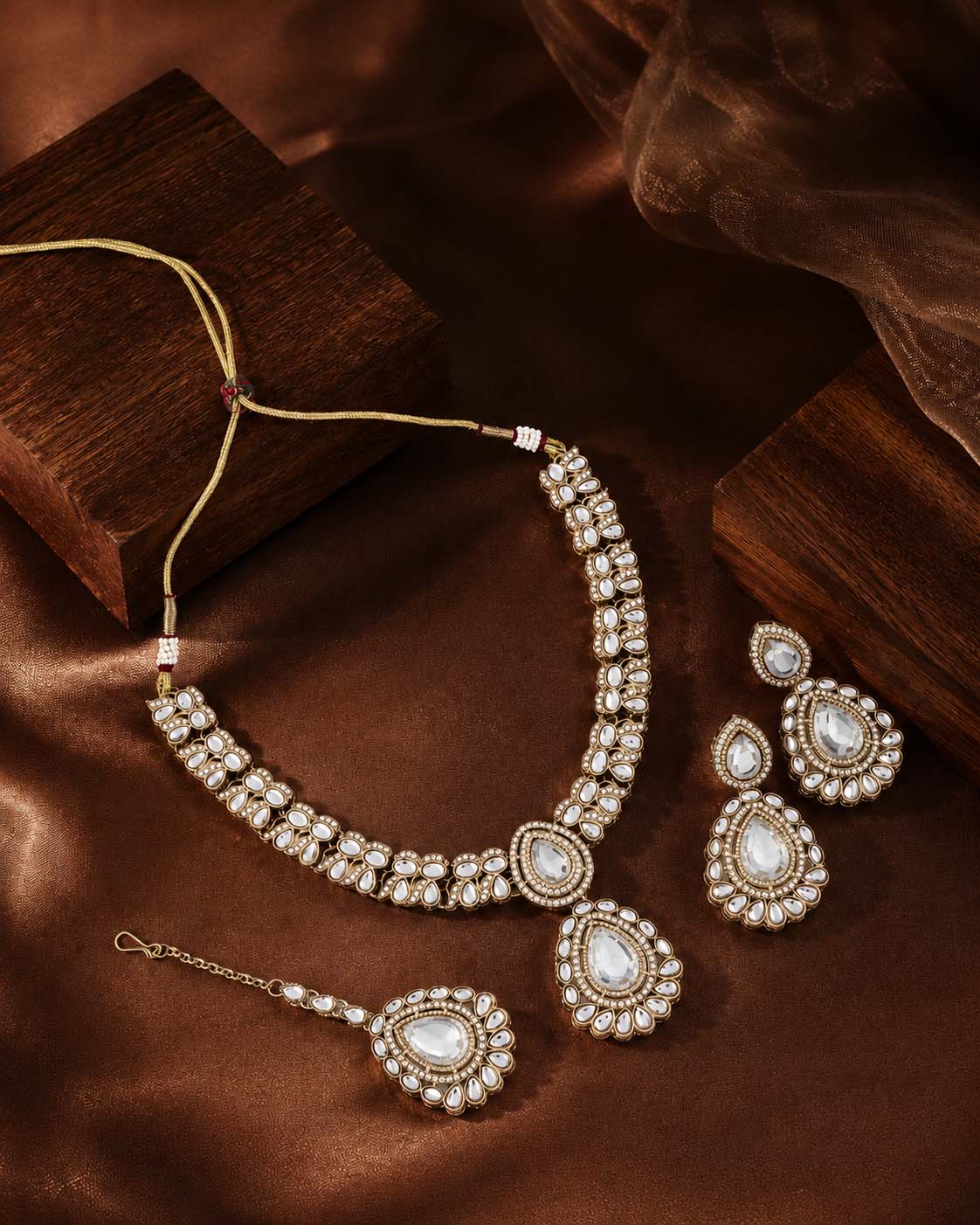 Silver Vyakhya Premium Designer Zircone Polki Dupe Necklace With Earring & Teeka