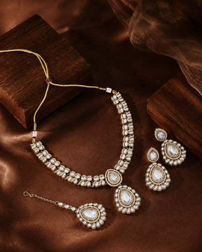 Silver Vyakhya Premium Designer Zircone Polki Dupe Necklace With Earring & Teeka