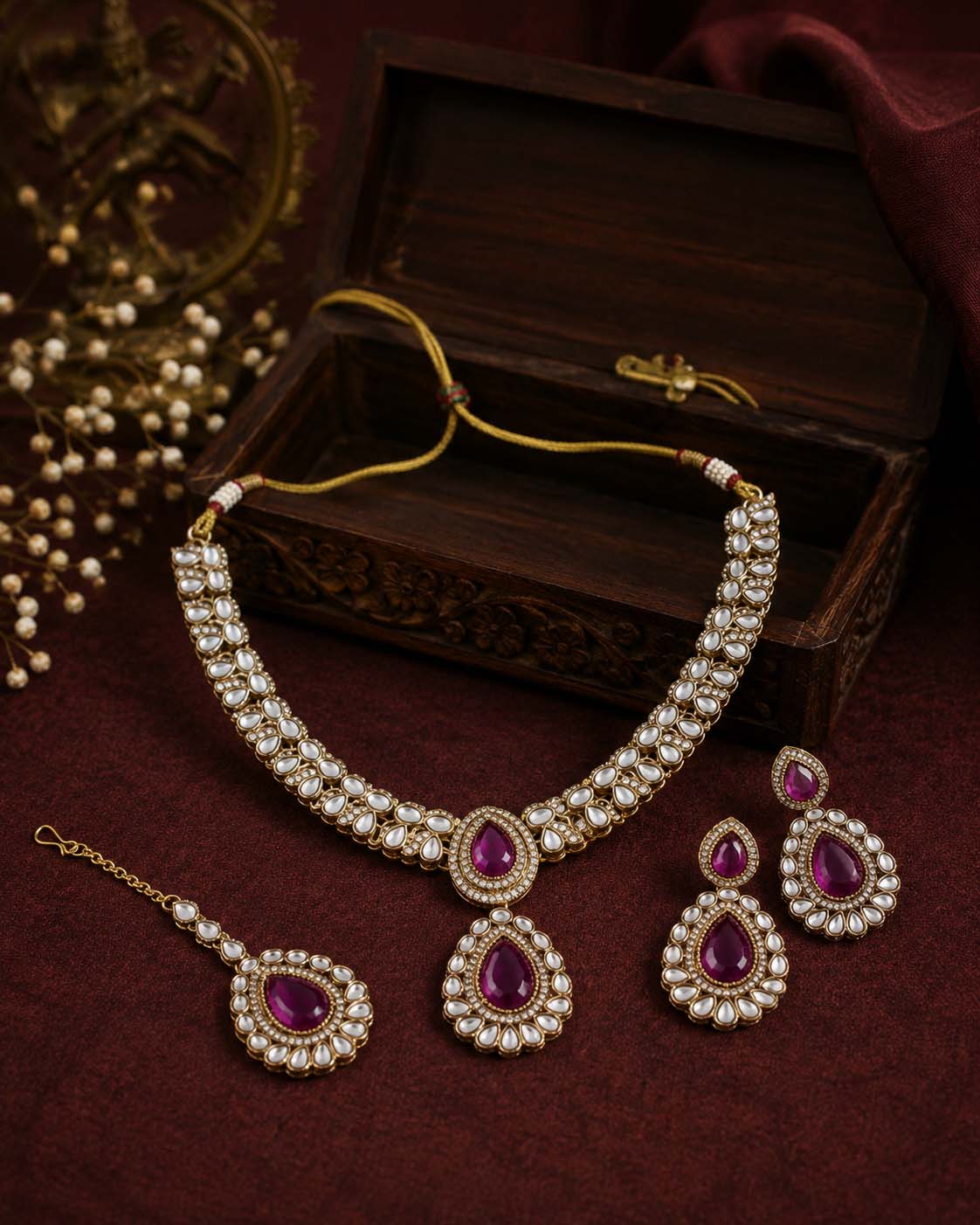 Purple Vyakhya Premium Designer Zircone Polki Dupe Necklace With Earring & Teeka