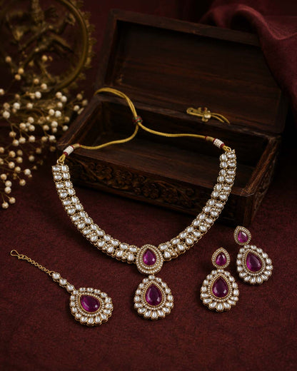 Purple Vyakhya Premium Designer Zircone Polki Dupe Necklace With Earring & Teeka