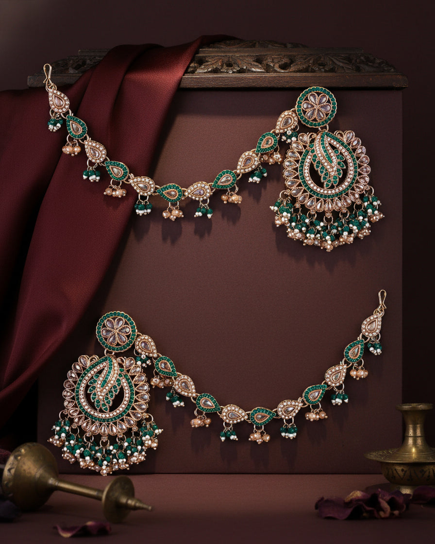 Green Arajashree Bahubali Chandbali with Sahara