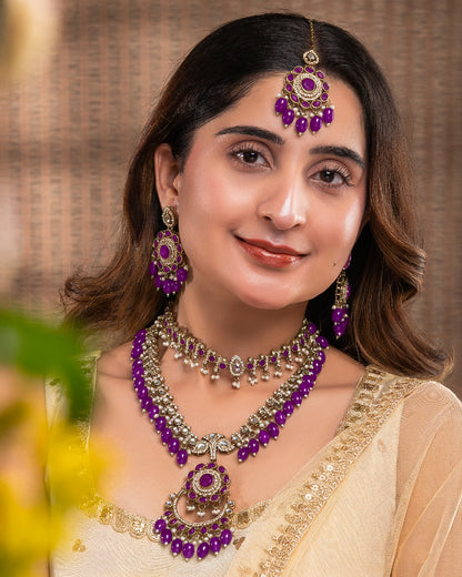 Purple Aanvir Layer Necklace With Earring & Teeka