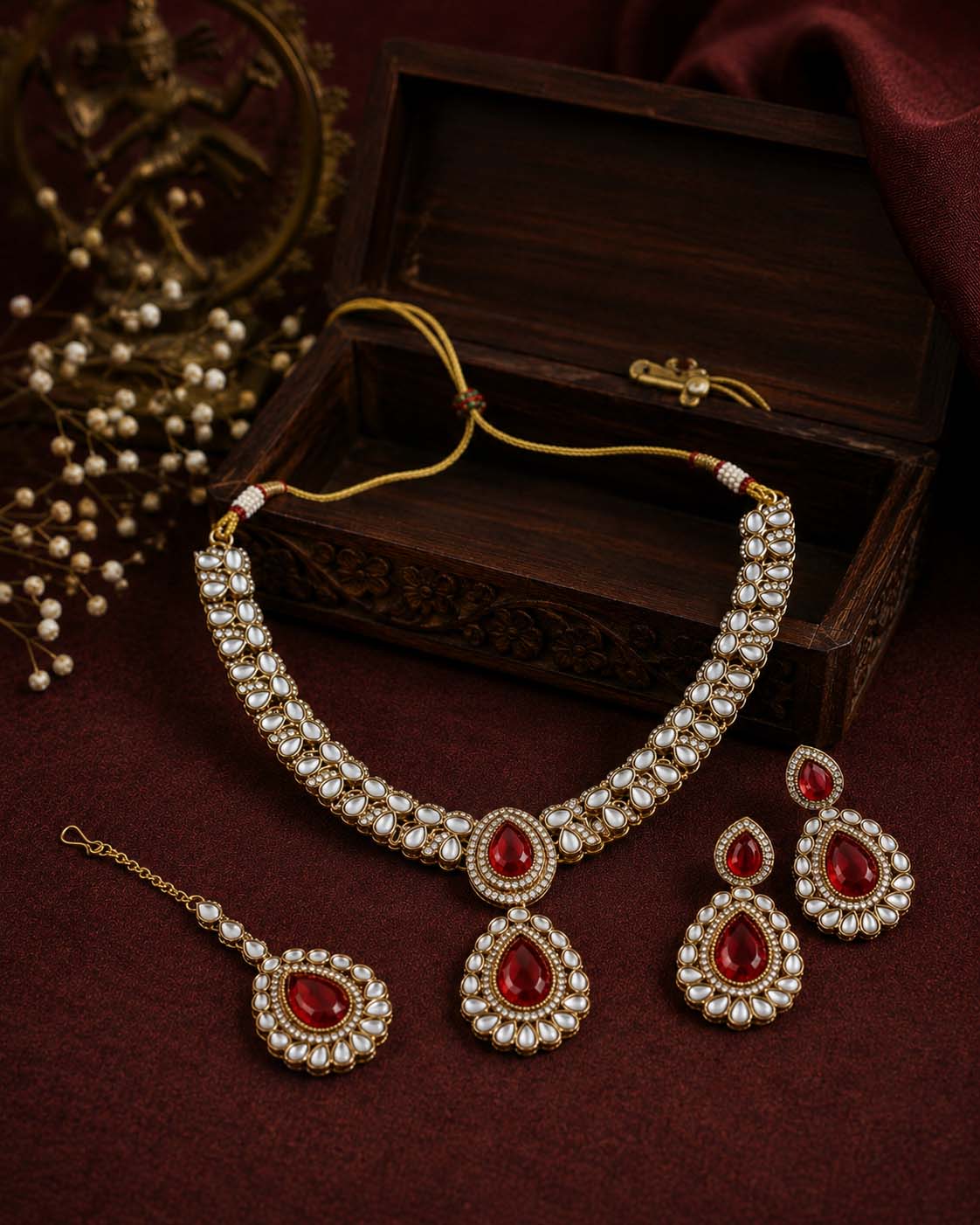 Ruby Vyakhya Premium Designer Zircone Polki Dupe Necklace With Earring & Teeka