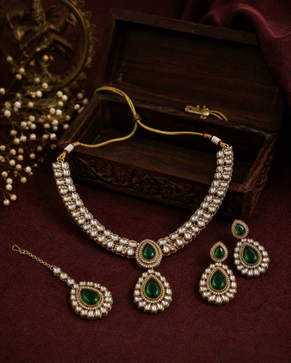 Green Vyakhya Premium Designer Zircone Polki Dupe Necklace With Earring & Teeka
